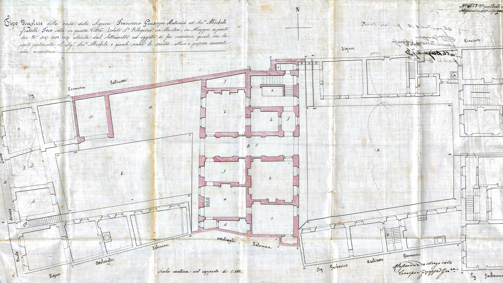 Notaro Sacco Giovanni, v. 560
1863, marzo 14, Alessandria
Tipo regolare della casa dei fratelli Francesco Giuseppe Antonio ed avv. Michele Foco, sita in Alessandria, isolato S. Pellegrino, via Maestra, nella quale sono evidenziate le parti di proprietà di Michele Foco e le relative servitù attive e passive.
(ASAL, Archivio Notarile di Alessandria, III versamento, notaro Sacco Giovanni, vol. 560)